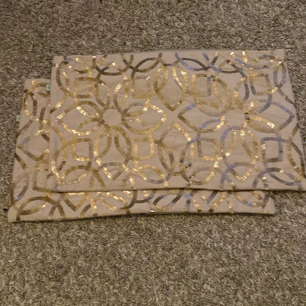 2 - Tan w/ gold designs,  CELERIE pillow covers.